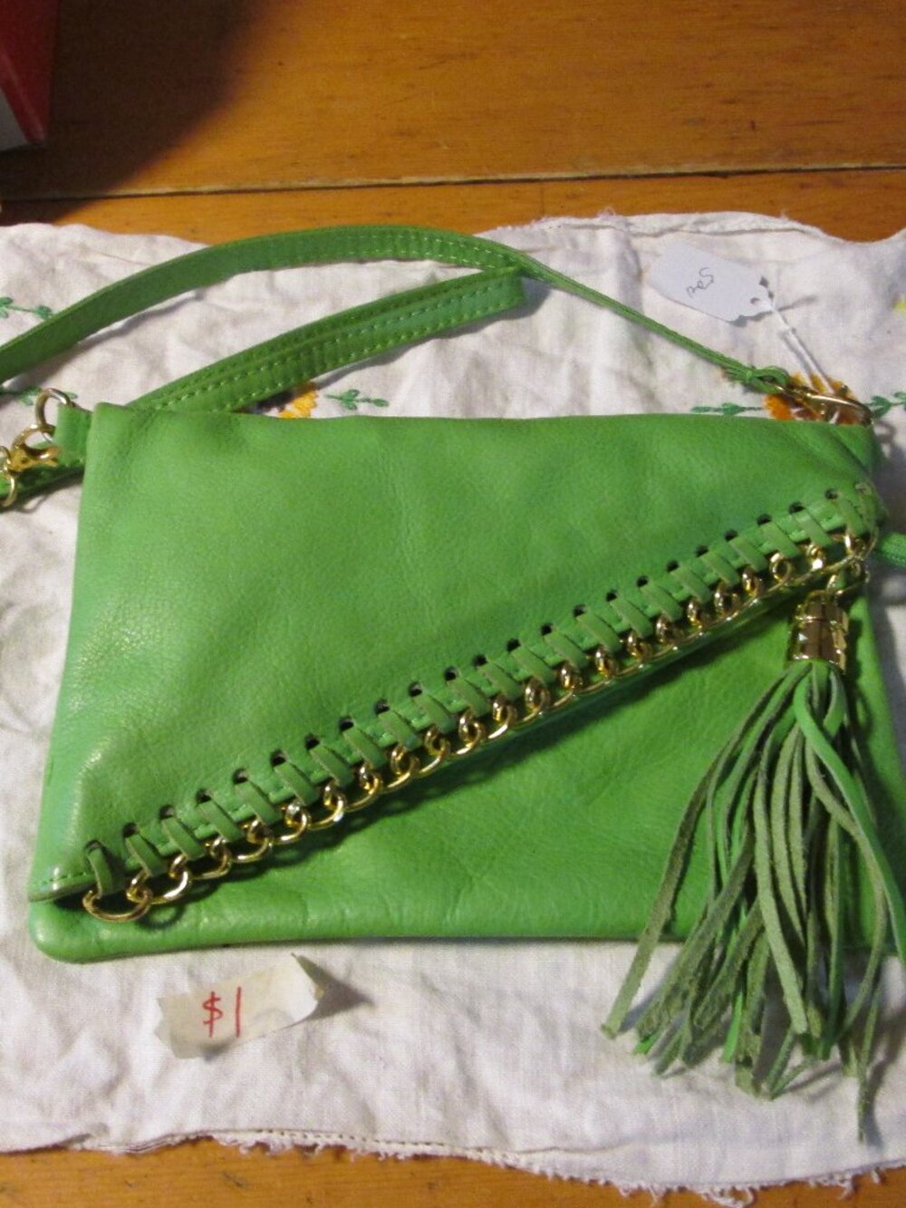 Mint lime green leather crossbody bag goldtone trim tassel made in Italy
